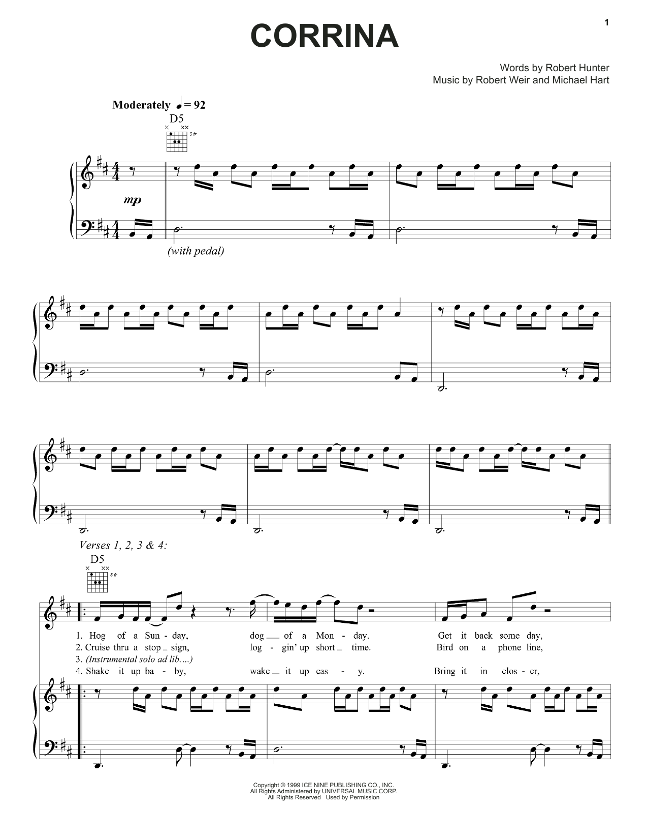Grateful Dead Corrina Sheet Music Notes & Chords for Piano, Vocal & Guitar (Right-Hand Melody) - Download or Print PDF