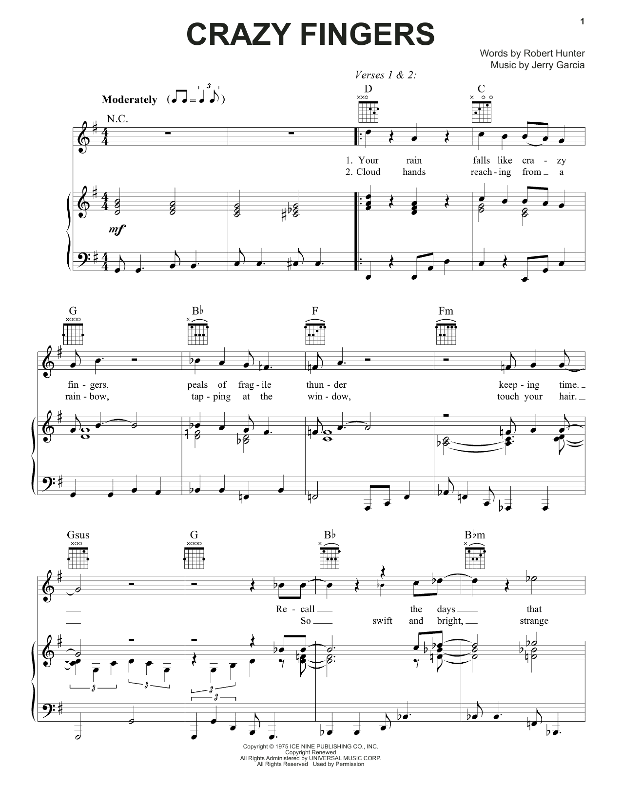 Grateful Dead Crazy Fingers Sheet Music Notes & Chords for Piano, Vocal & Guitar (Right-Hand Melody) - Download or Print PDF
