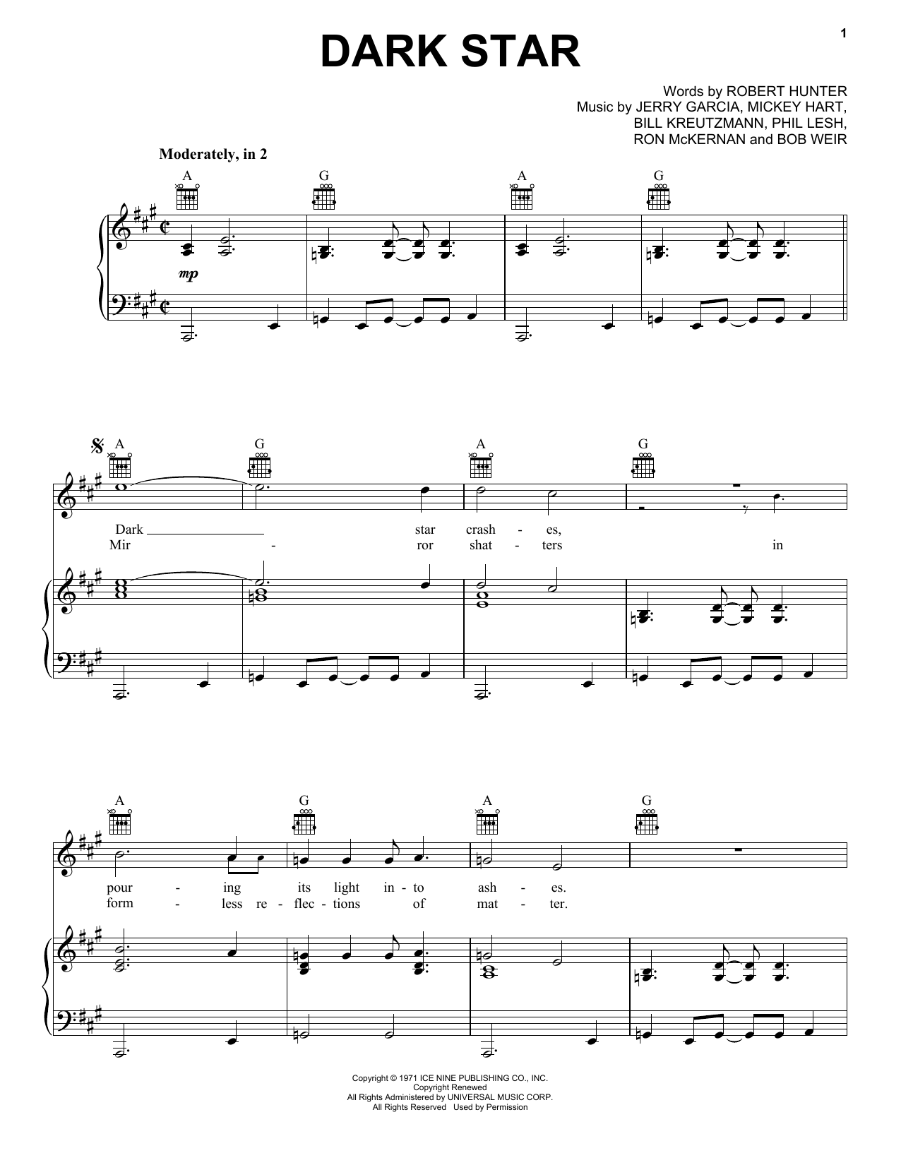 Grateful Dead Dark Star Sheet Music Notes & Chords for Piano, Vocal & Guitar (Right-Hand Melody) - Download or Print PDF