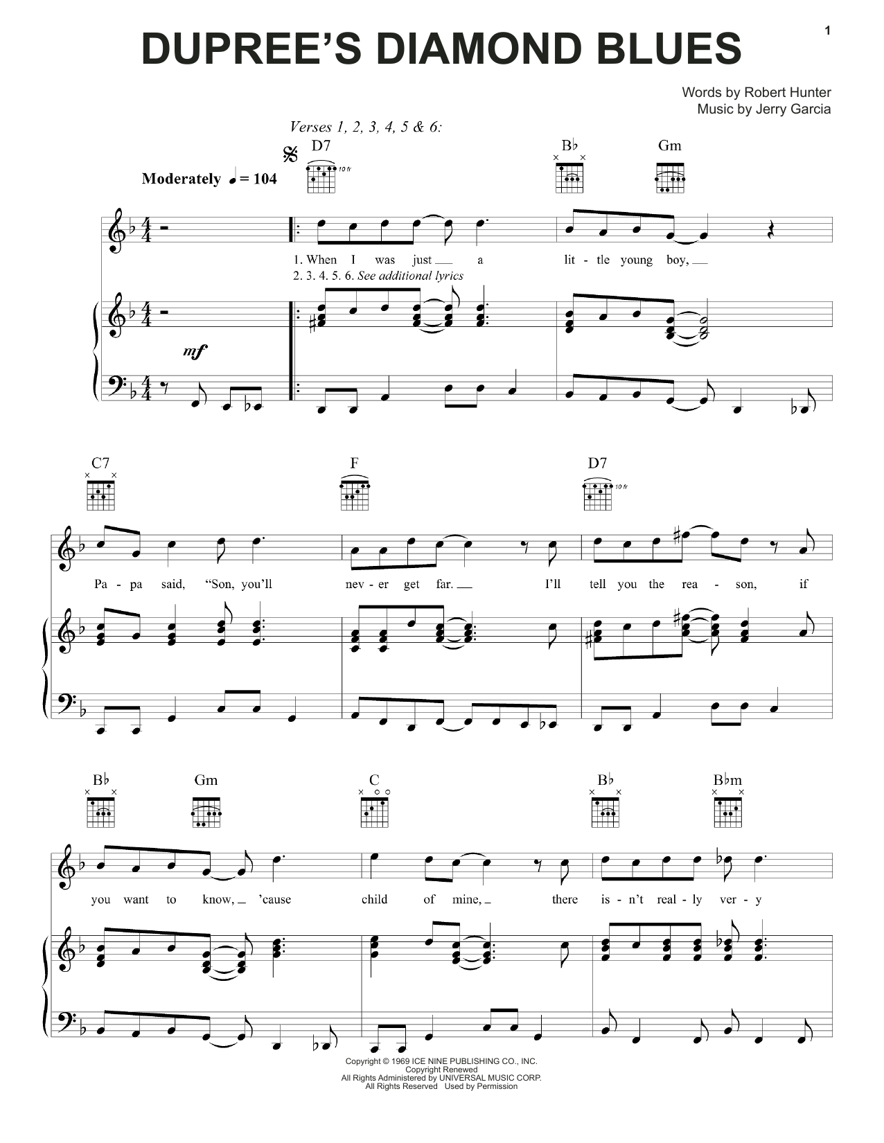 Grateful Dead Dupree's Diamond Blues Sheet Music Notes & Chords for Piano, Vocal & Guitar (Right-Hand Melody) - Download or Print PDF