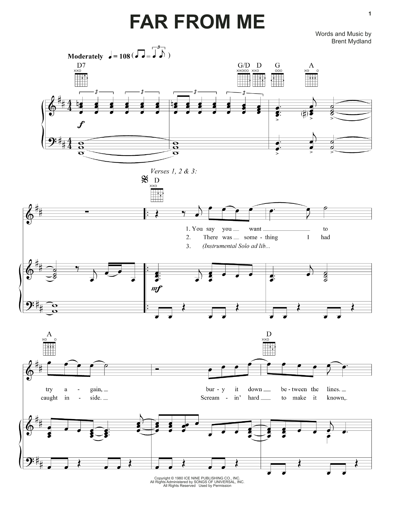 Grateful Dead Far From Me Sheet Music Notes & Chords for Piano, Vocal & Guitar (Right-Hand Melody) - Download or Print PDF Grateful Dead Far From Me Sheet Music Notes & Chords for Piano, Vocal & Guitar (Right-Hand Melody) - Download or Print PDF