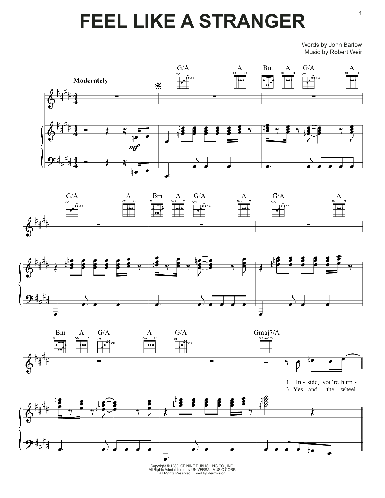 Grateful Dead Feel Like A Stranger Sheet Music Notes & Chords for Piano, Vocal & Guitar (Right-Hand Melody) - Download or Print PDF