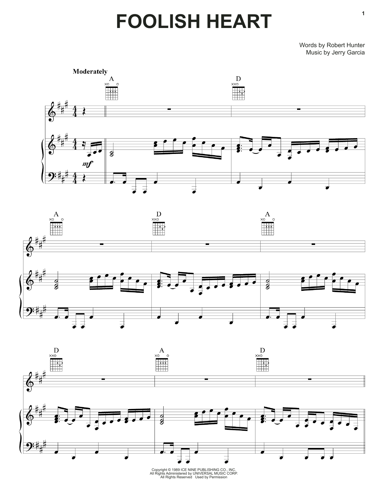 Grateful Dead Foolish Heart Sheet Music Notes & Chords for Piano, Vocal & Guitar (Right-Hand Melody) - Download or Print PDF