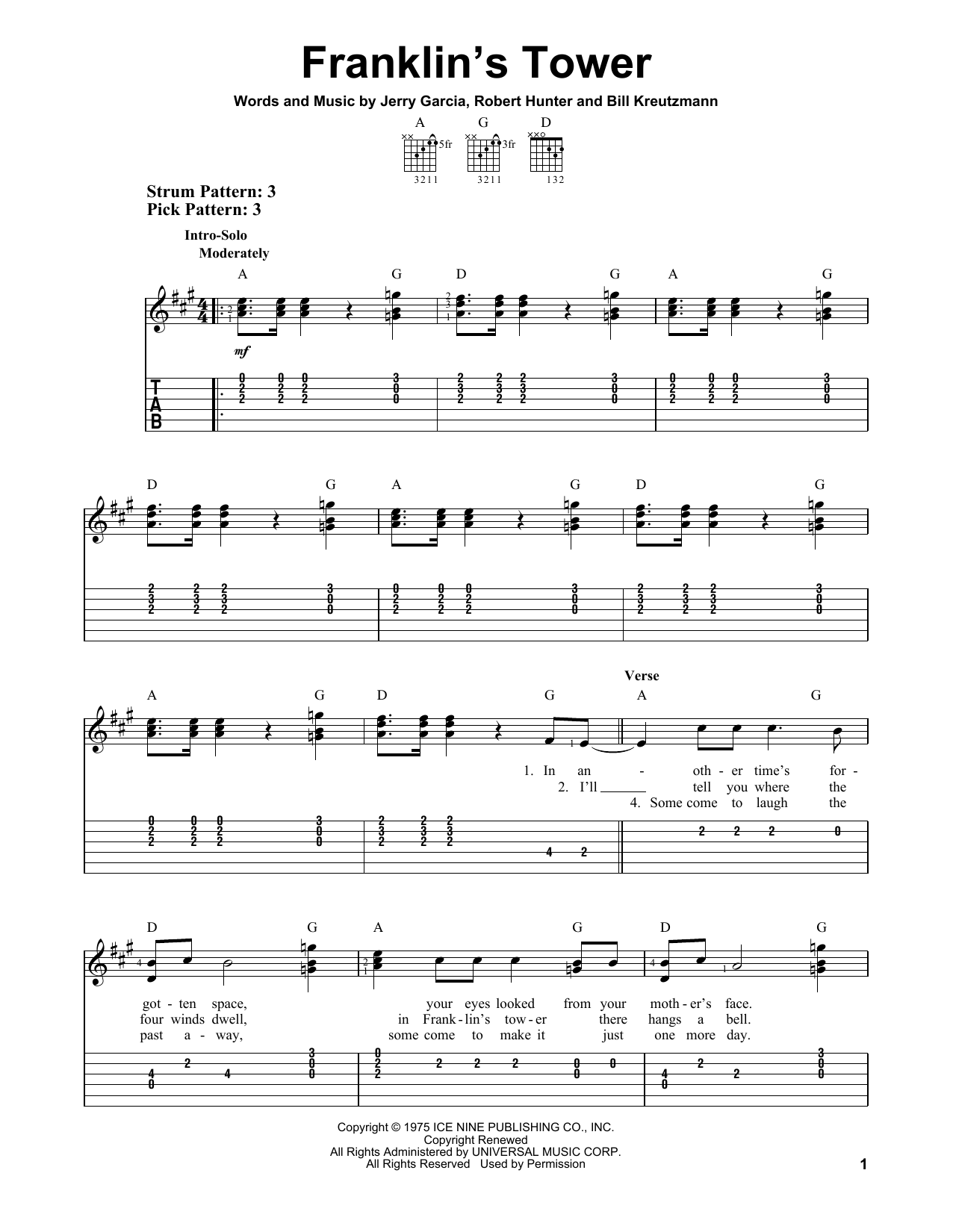 Grateful Dead Franklin's Tower Sheet Music Notes & Chords for Easy Guitar Tab - Download or Print PDF