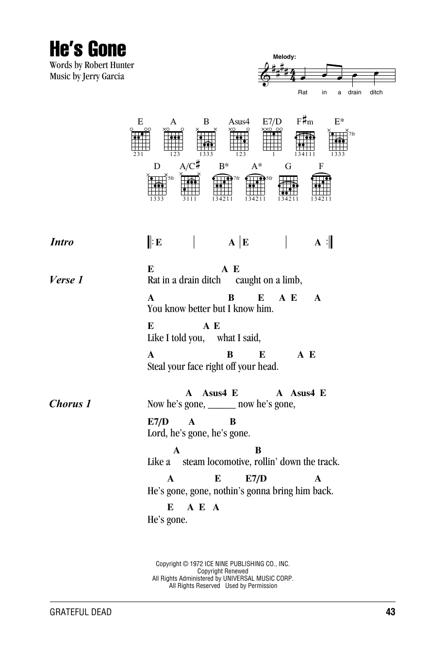 Grateful Dead He's Gone Sheet Music Notes & Chords for Lyrics & Chords - Download or Print PDF Grateful Dead He's Gone Sheet Music Notes & Chords for Lyrics & Chords - Download or Print PDF