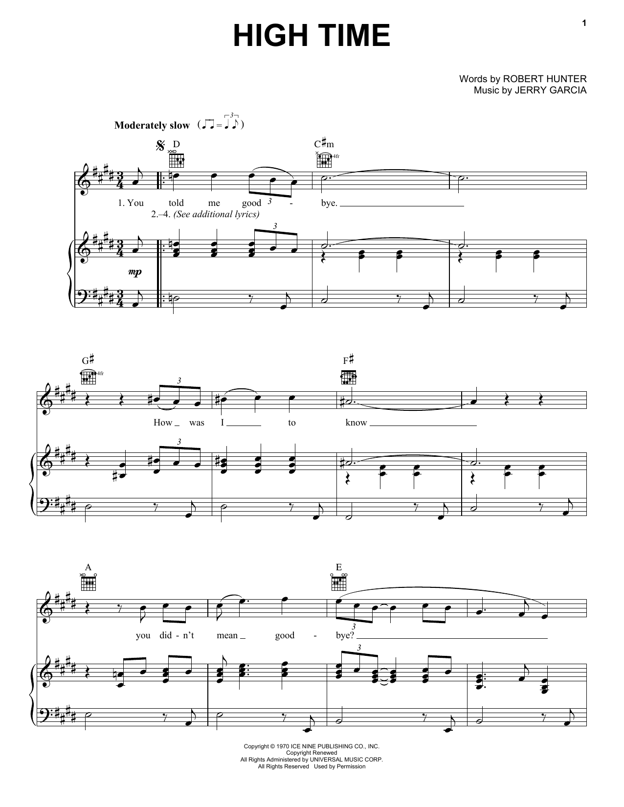 Grateful Dead High Time Sheet Music Notes & Chords for Piano, Vocal & Guitar (Right-Hand Melody) - Download or Print PDF