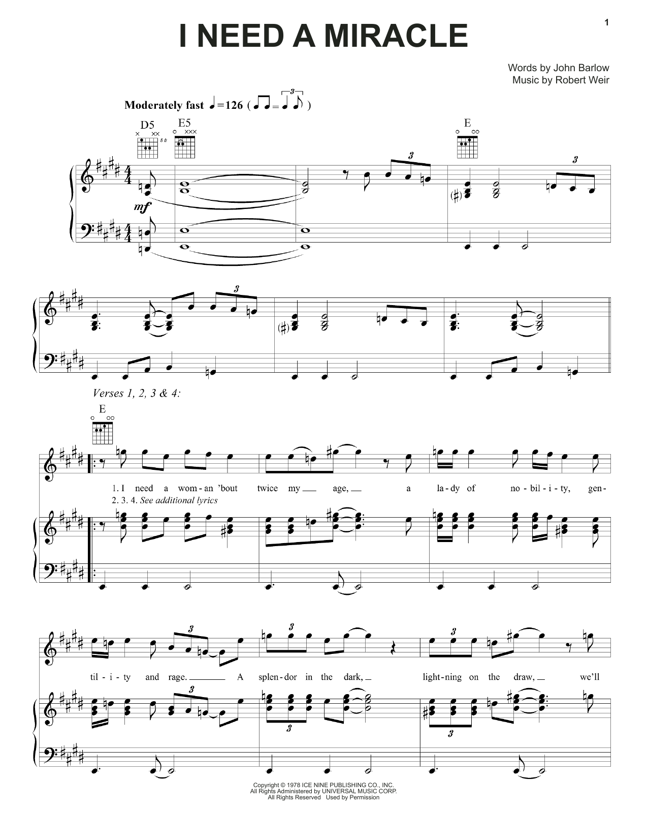 Grateful Dead I Need A Miracle Sheet Music Notes & Chords for Piano, Vocal & Guitar (Right-Hand Melody) - Download or Print PDF