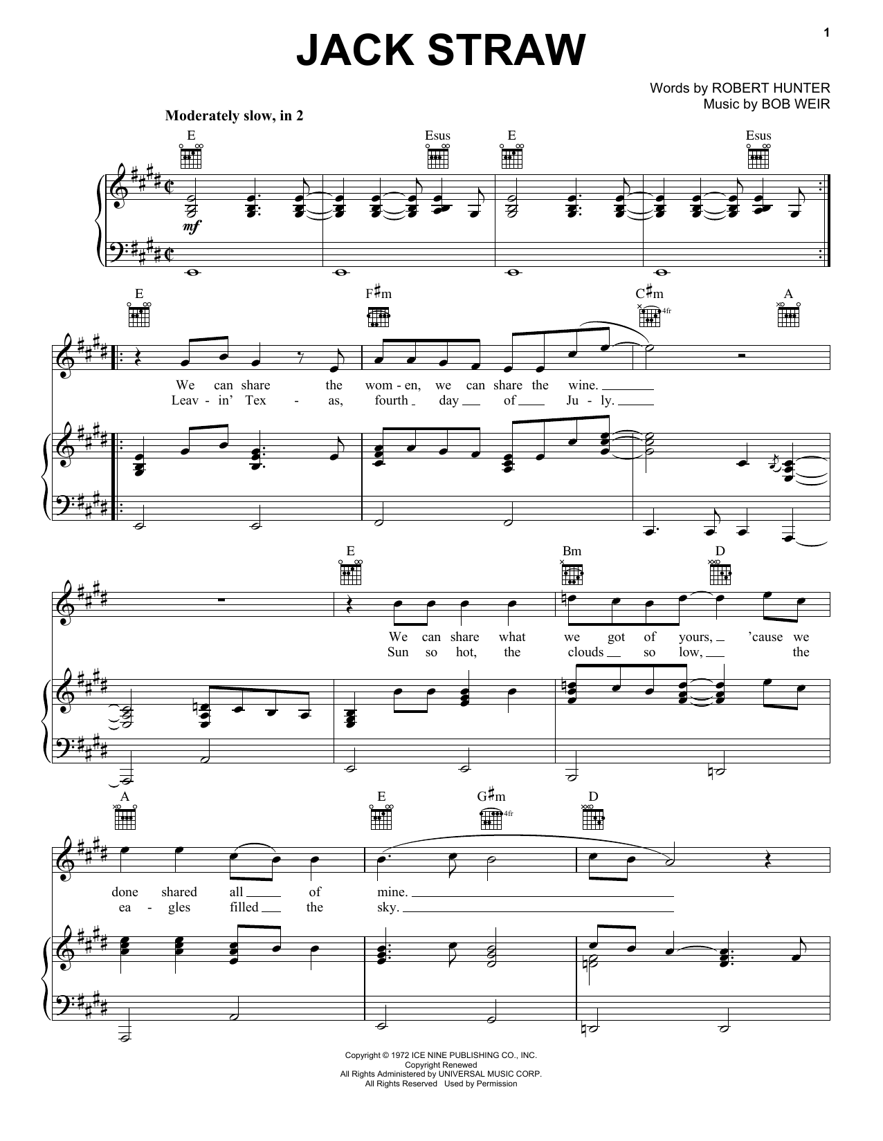 Grateful Dead Jack Straw Sheet Music Notes & Chords for Piano, Vocal & Guitar (Right-Hand Melody) - Download or Print PDF