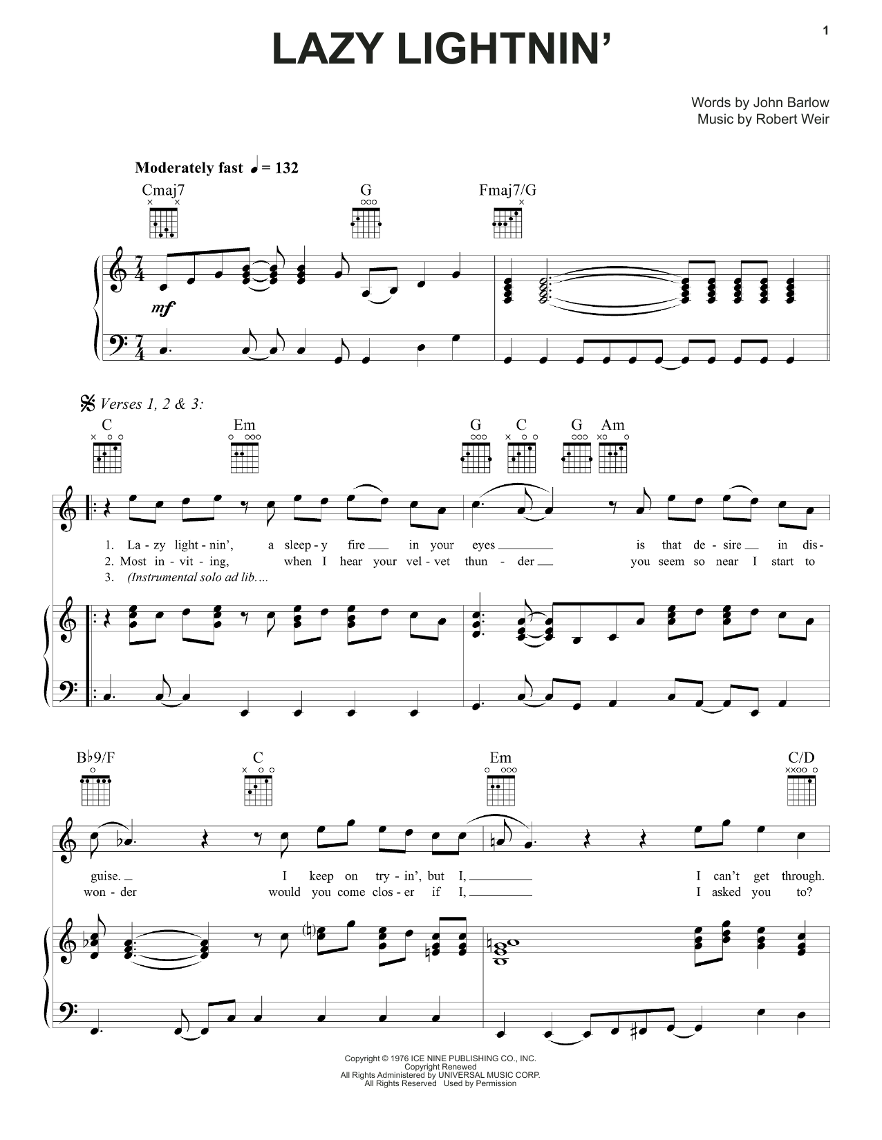 Grateful Dead Lazy Lightnin' Sheet Music Notes & Chords for Piano, Vocal & Guitar (Right-Hand Melody) - Download or Print PDF