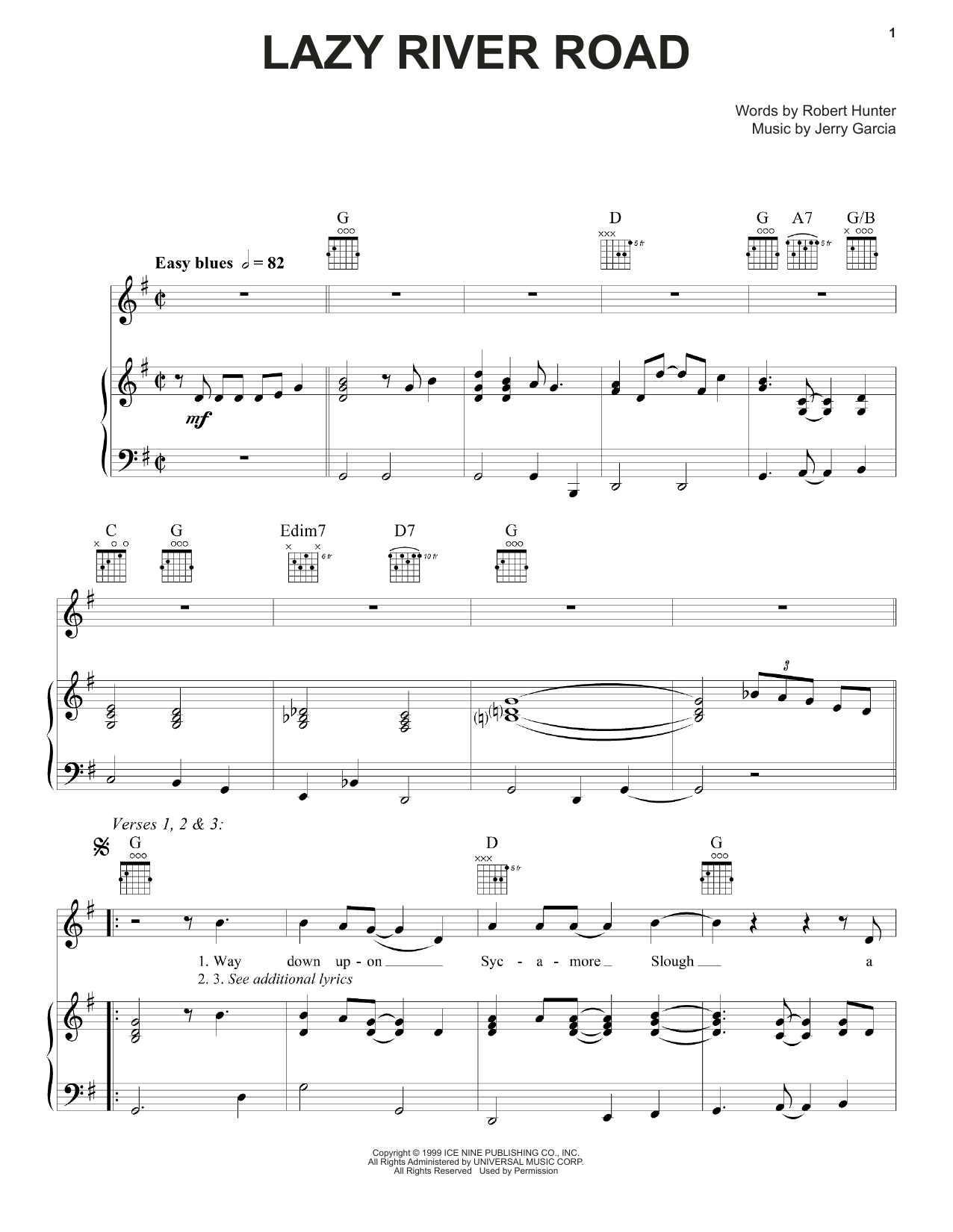 Grateful Dead Lazy River Road Sheet Music Notes & Chords for Piano, Vocal & Guitar (Right-Hand Melody) - Download or Print PDF