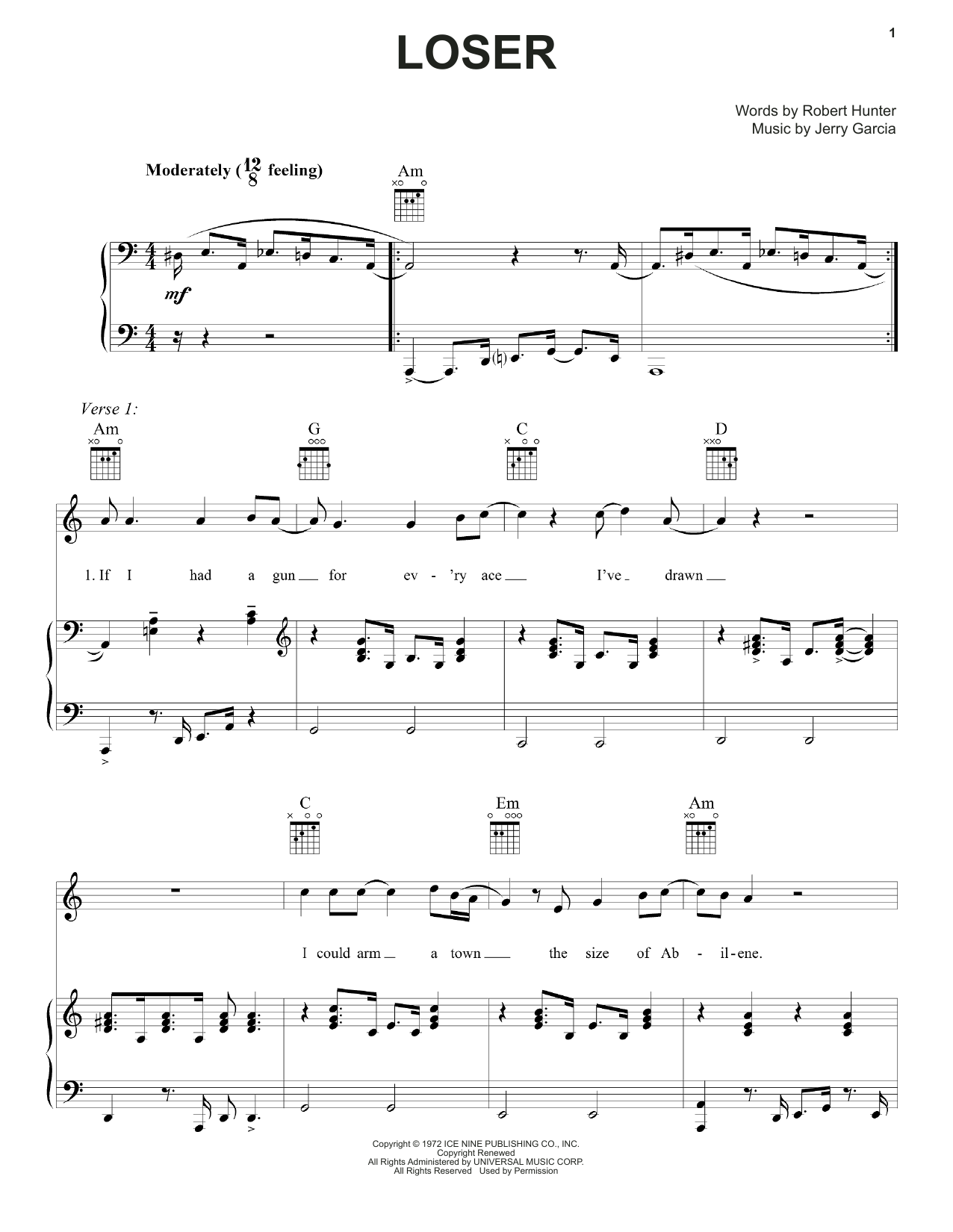 Grateful Dead Loser Sheet Music Notes & Chords for Piano, Vocal & Guitar (Right-Hand Melody) - Download or Print PDF