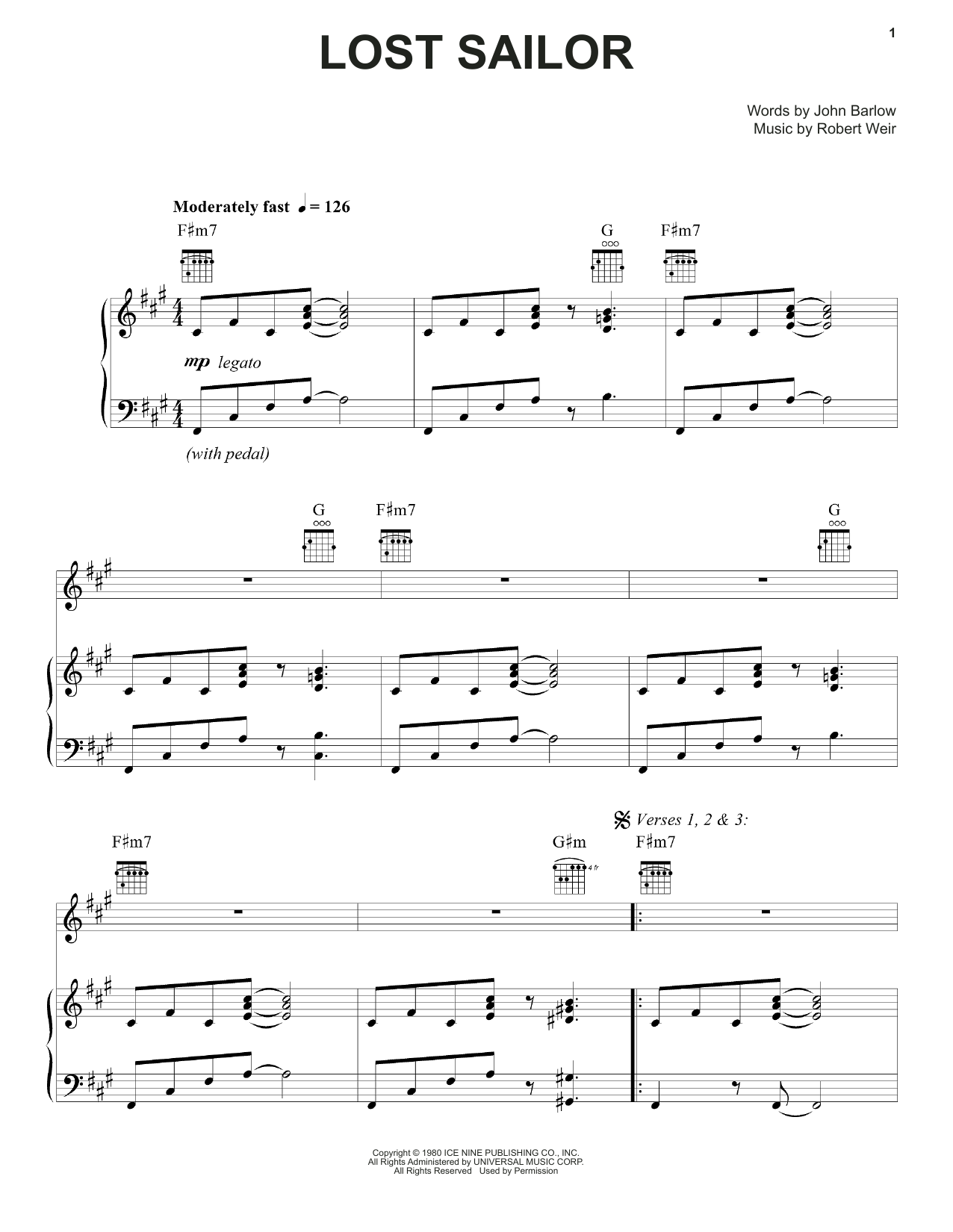 Grateful Dead Lost Sailor Sheet Music Notes & Chords for Piano, Vocal & Guitar (Right-Hand Melody) - Download or Print PDF