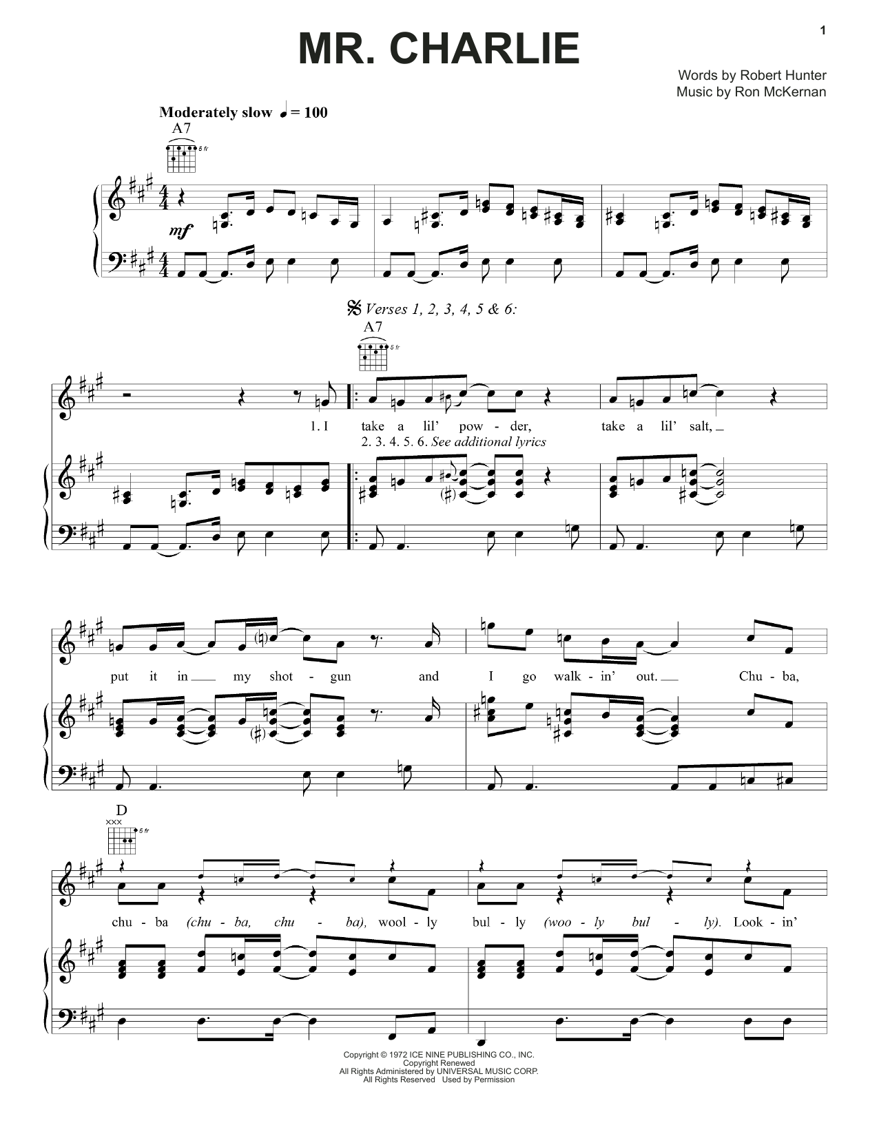 Grateful Dead Mr. Charlie Sheet Music Notes & Chords for Piano, Vocal & Guitar (Right-Hand Melody) - Download or Print PDF