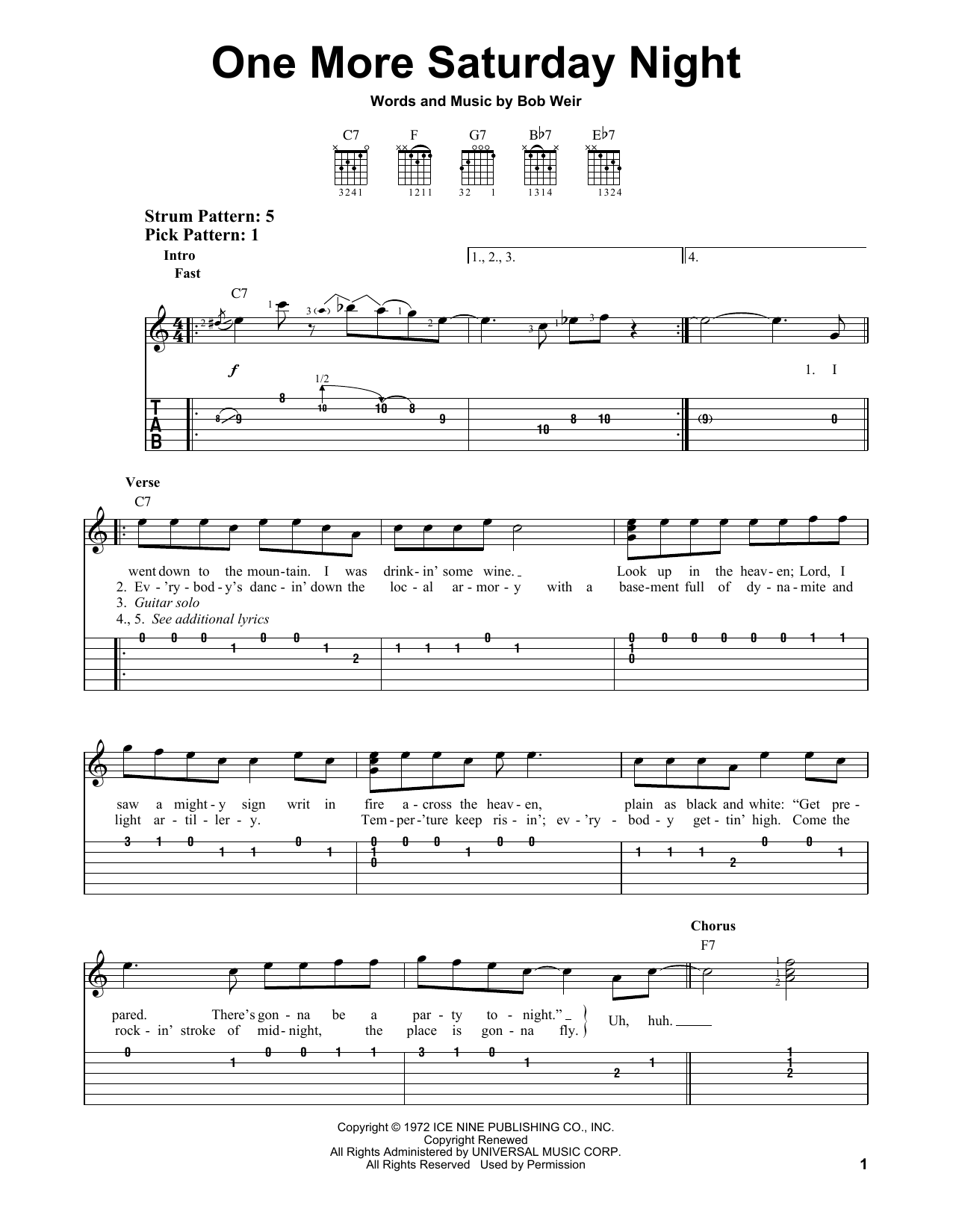 Grateful Dead One More Saturday Night Sheet Music Notes & Chords for Easy Guitar Tab - Download or Print PDF