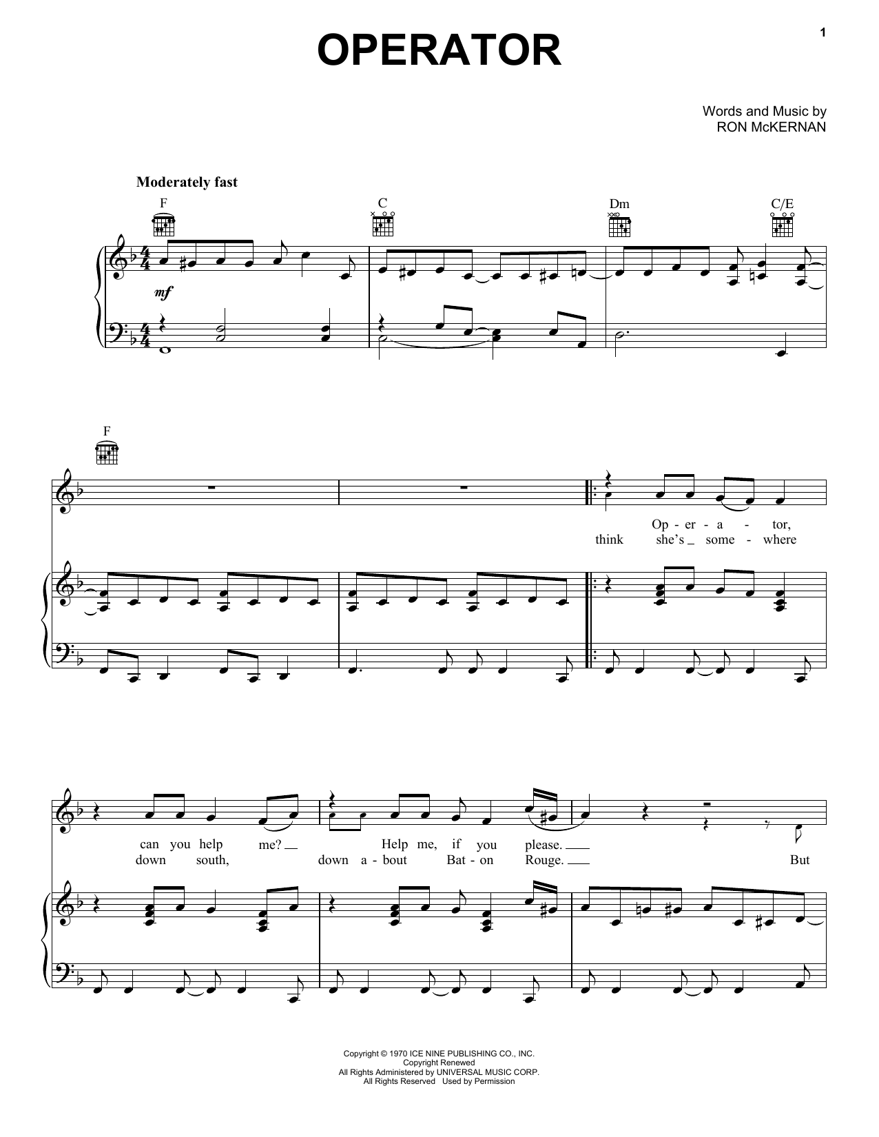 Grateful Dead Operator Sheet Music Notes & Chords for Piano, Vocal & Guitar (Right-Hand Melody) - Download or Print PDF
