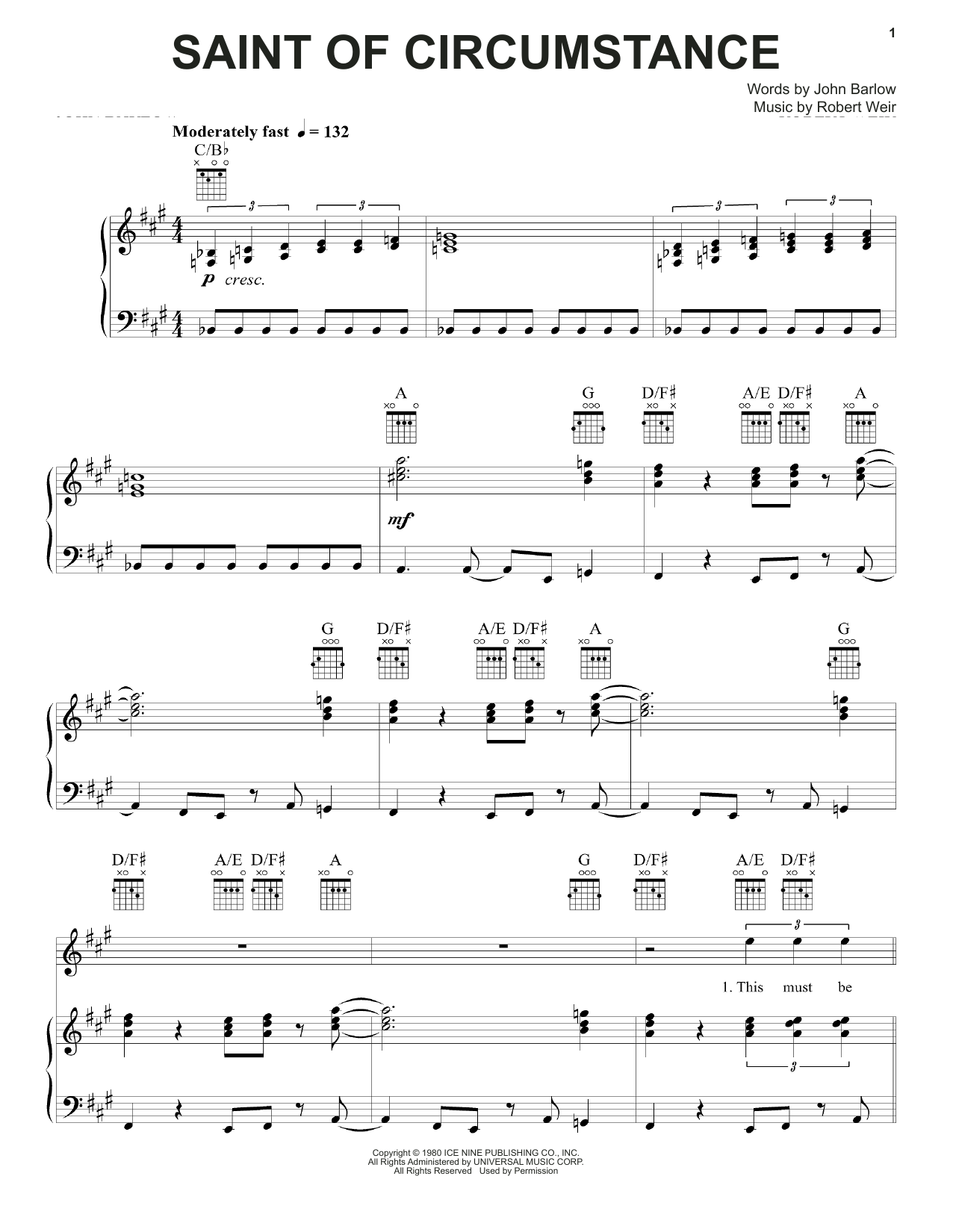 Grateful Dead Saint Of Circumstance Sheet Music Notes & Chords for Piano, Vocal & Guitar (Right-Hand Melody) - Download or Print PDF