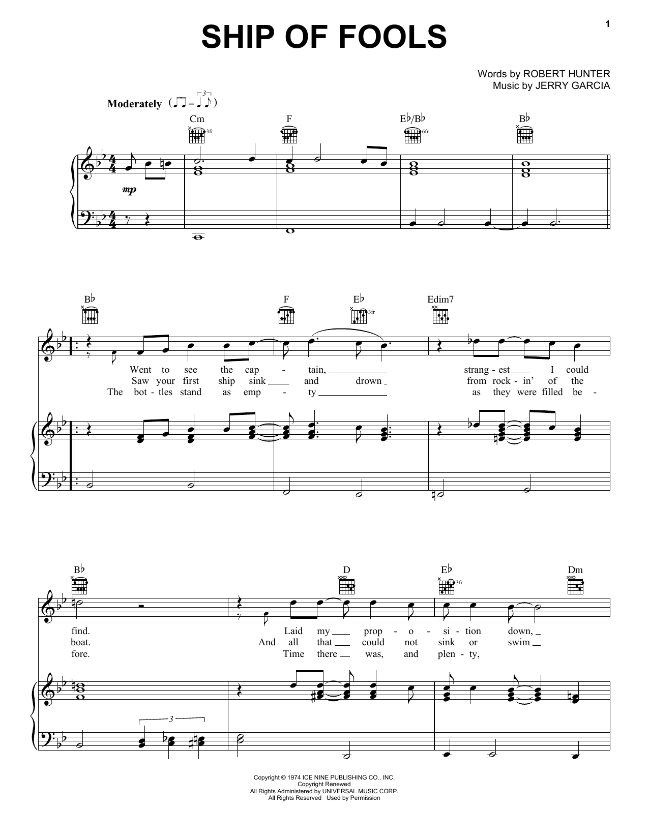 Grateful Dead Ship Of Fools Sheet Music Notes & Chords for Piano, Vocal & Guitar (Right-Hand Melody) - Download or Print PDF