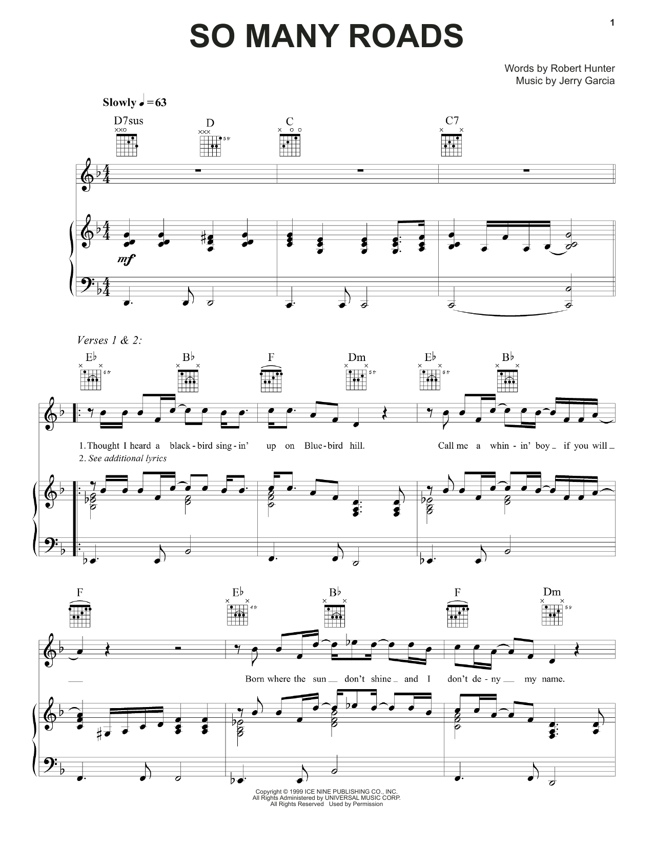 Grateful Dead So Many Roads Sheet Music Notes & Chords for Piano, Vocal & Guitar (Right-Hand Melody) - Download or Print PDF