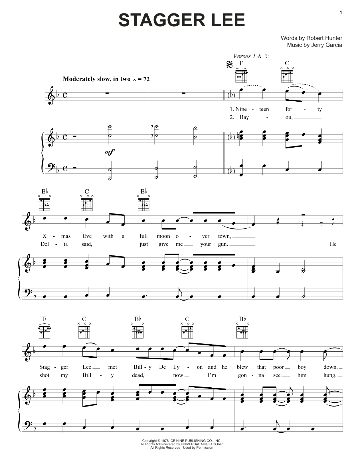 Grateful Dead Stagger Lee Sheet Music Notes & Chords for Piano, Vocal & Guitar (Right-Hand Melody) - Download or Print PDF