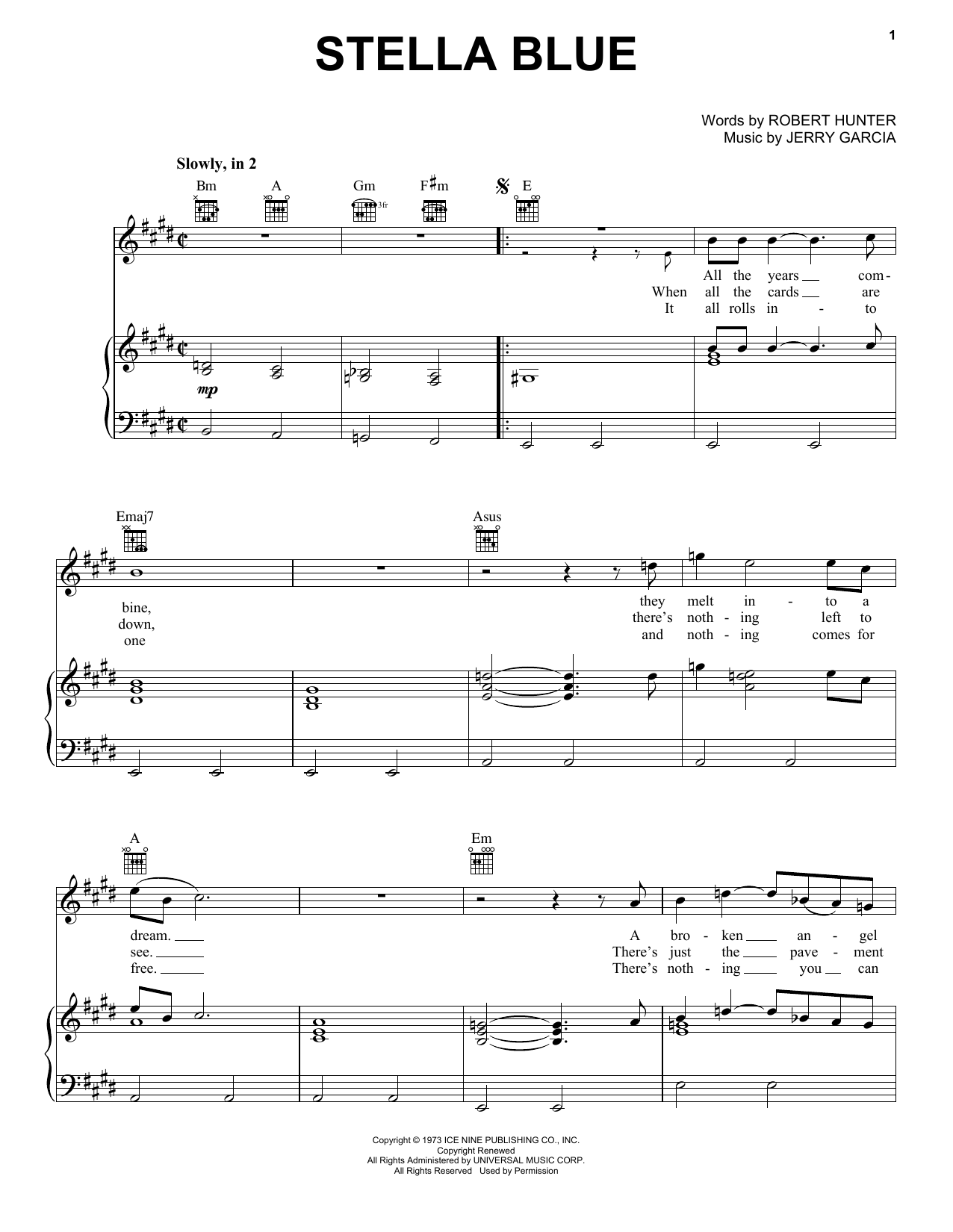Grateful Dead Stella Blue Sheet Music Notes & Chords for Piano, Vocal & Guitar (Right-Hand Melody) - Download or Print PDF