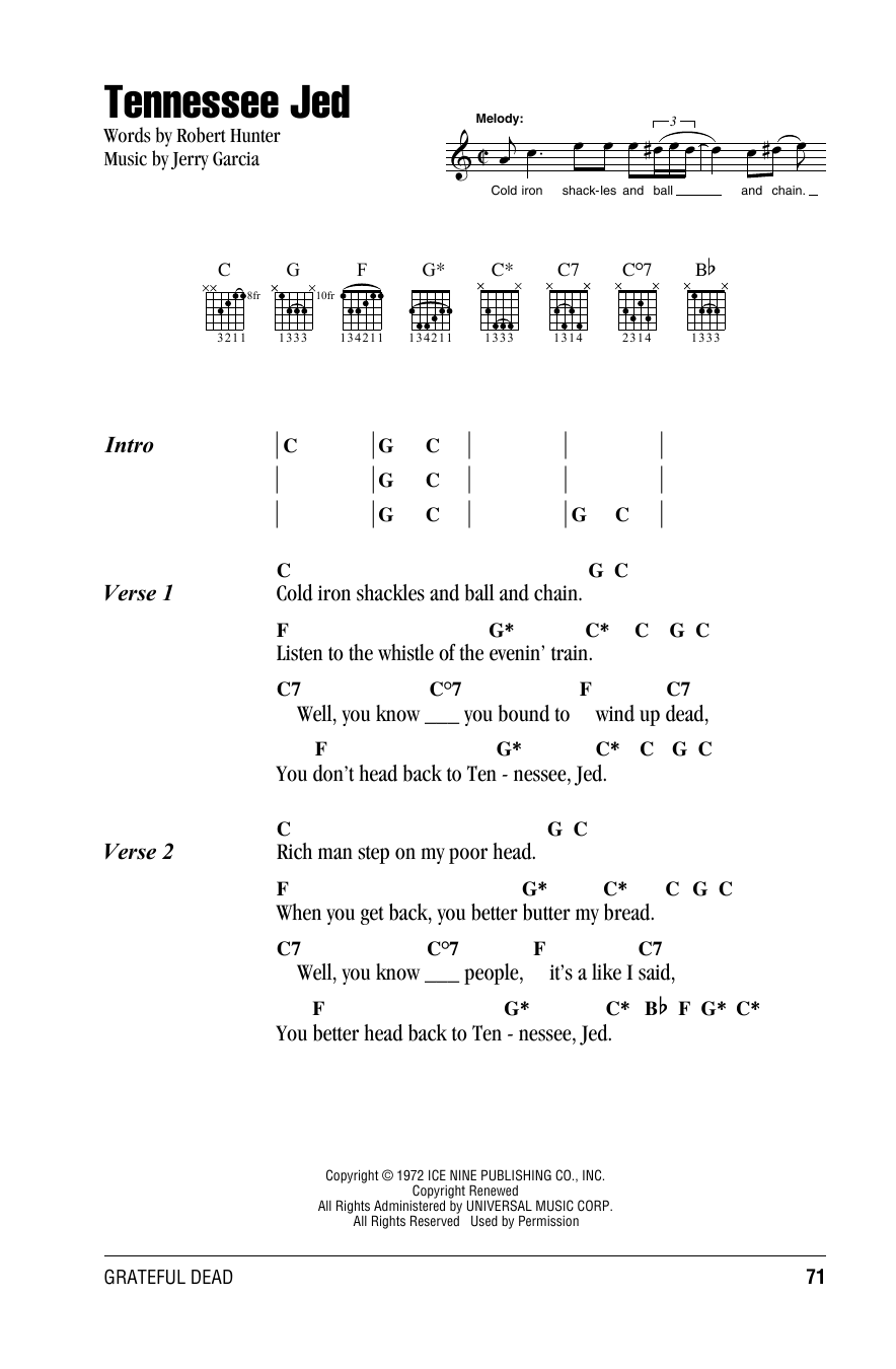 Grateful Dead Tennessee Jed Sheet Music Notes & Chords for Lyrics & Chords - Download or Print PDF