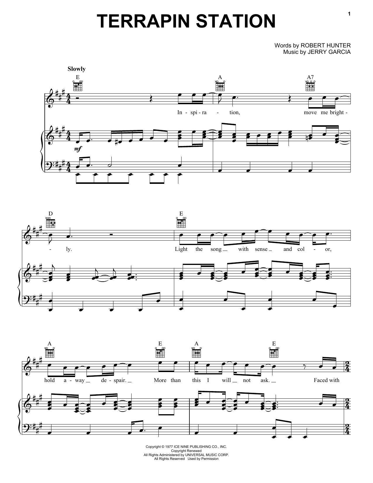 Grateful Dead Terrapin Station Sheet Music Notes & Chords for Piano, Vocal & Guitar (Right-Hand Melody) - Download or Print PDF