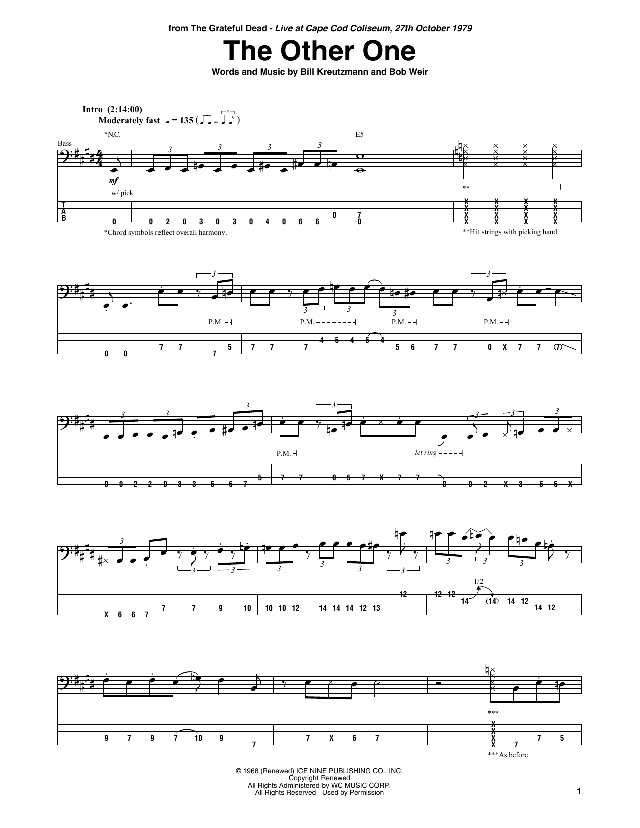 Grateful Dead The Other One Sheet Music Notes & Chords for Bass Guitar Tab - Download or Print PDF