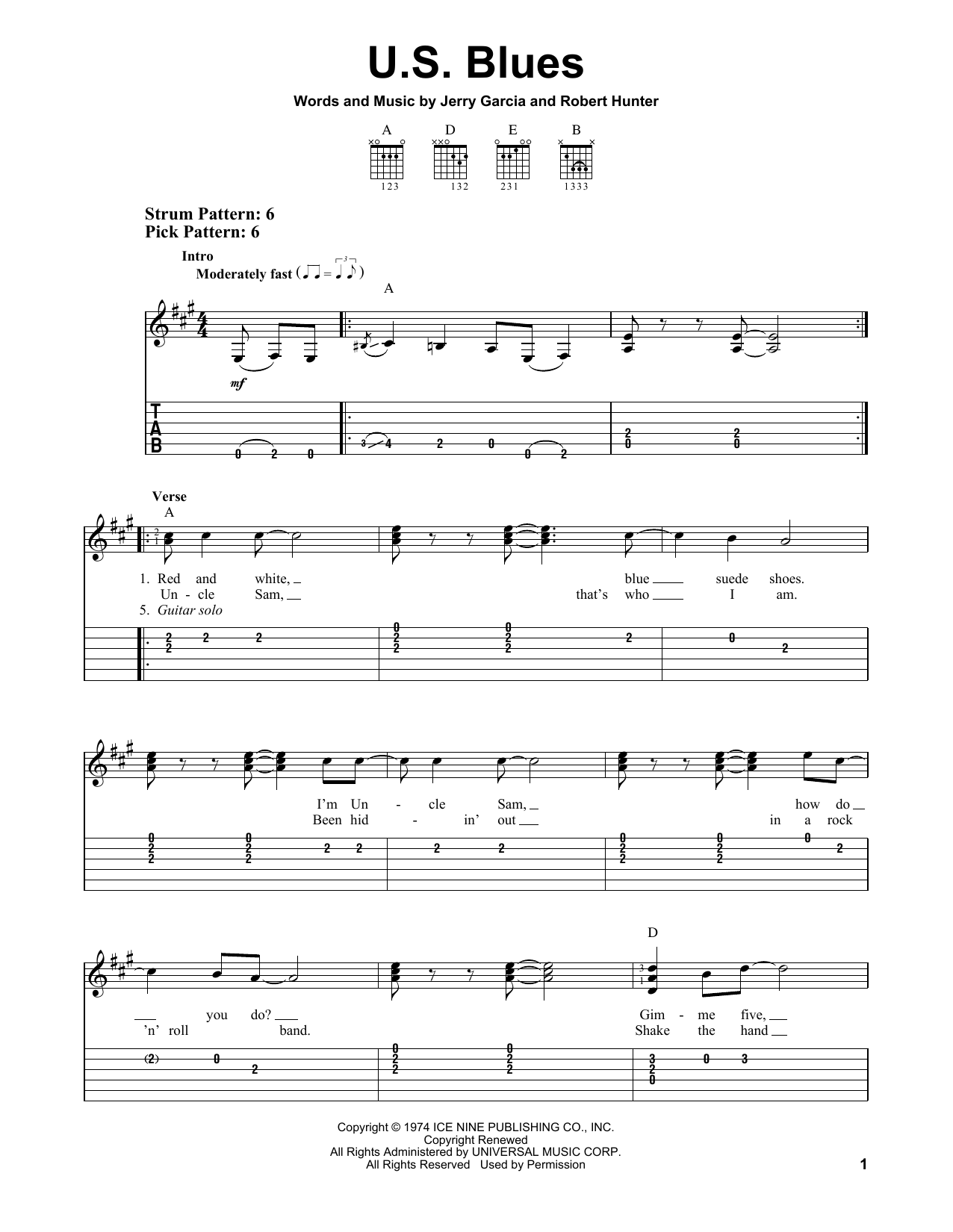 Grateful Dead U.S. Blues Sheet Music Notes & Chords for Easy Guitar Tab - Download or Print PDF