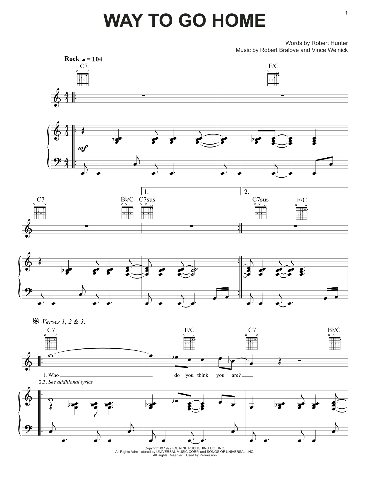 Grateful Dead Way To Go Home Sheet Music Notes & Chords for Piano, Vocal & Guitar (Right-Hand Melody) - Download or Print PDF