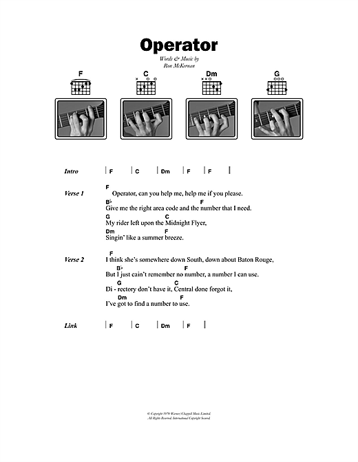 Preview Grateful Dead Operator Rock sheet music, notes and chords for Lyrics & Chords, SKU: 49806 Operator sheet music