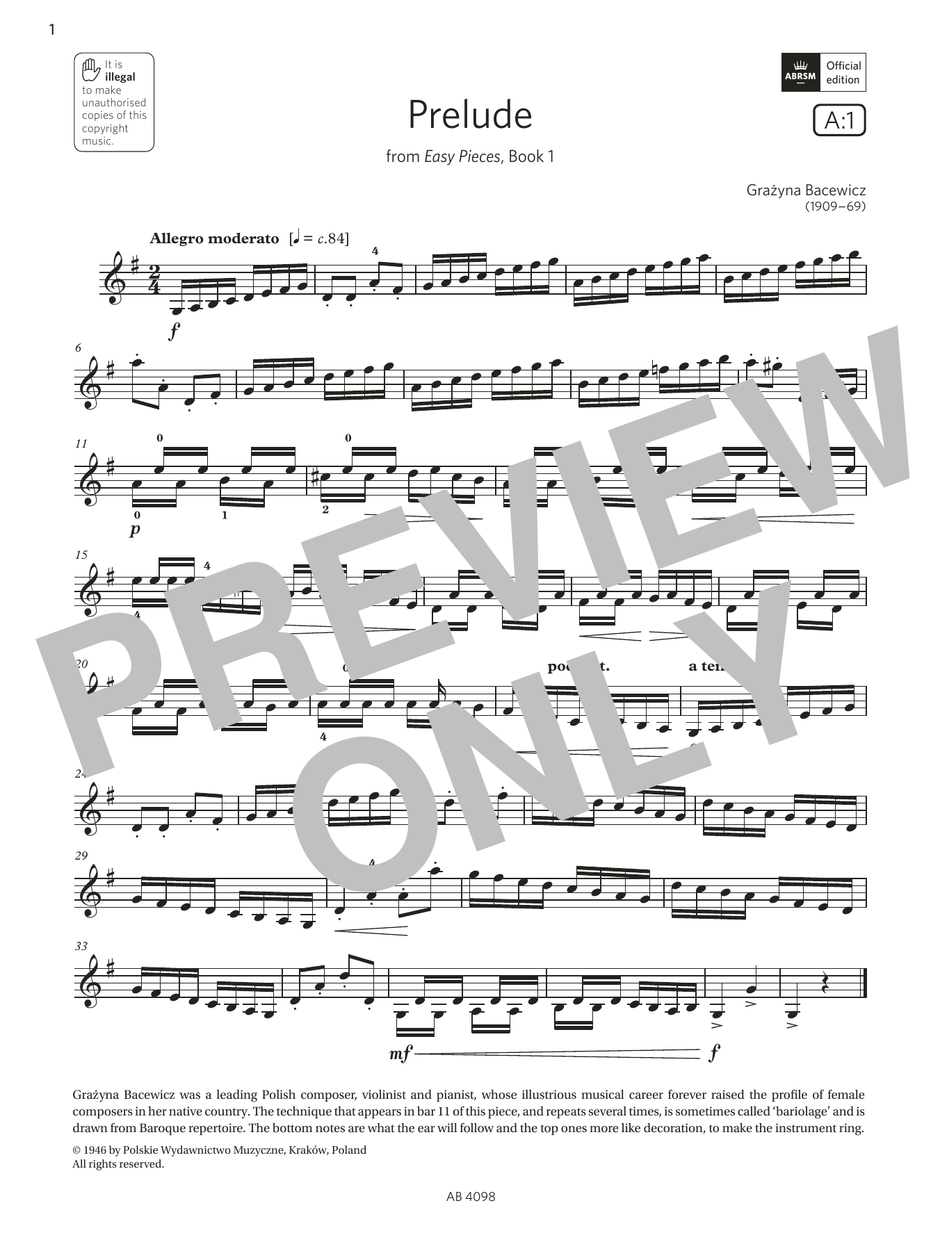 Grażyna Bacewicz Prelude (Grade 4, A1, from the ABRSM Violin Syllabus from 2024) Sheet Music Notes & Chords for Violin Solo - Download or Print PDF Grażyna Bacewicz Prelude (Grade 4, A1, from the ABRSM Violin Syllabus from 2024) Sheet Music Notes & Chords for Violin Solo - Download or Print PDF