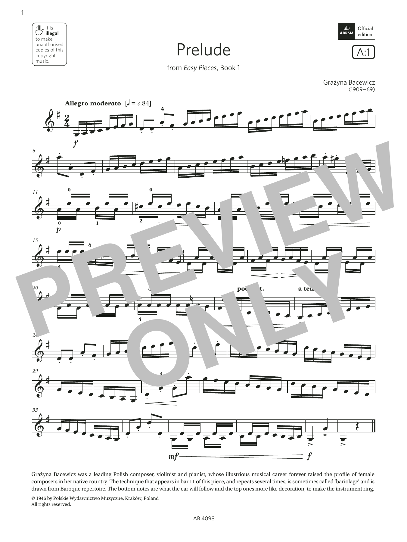 Grażyna Bacewicz Prelude (Grade 4, A1, from the ABRSM Violin Syllabus from 2024) Sheet Music Notes & Chords for Violin Solo - Download or Print PDF