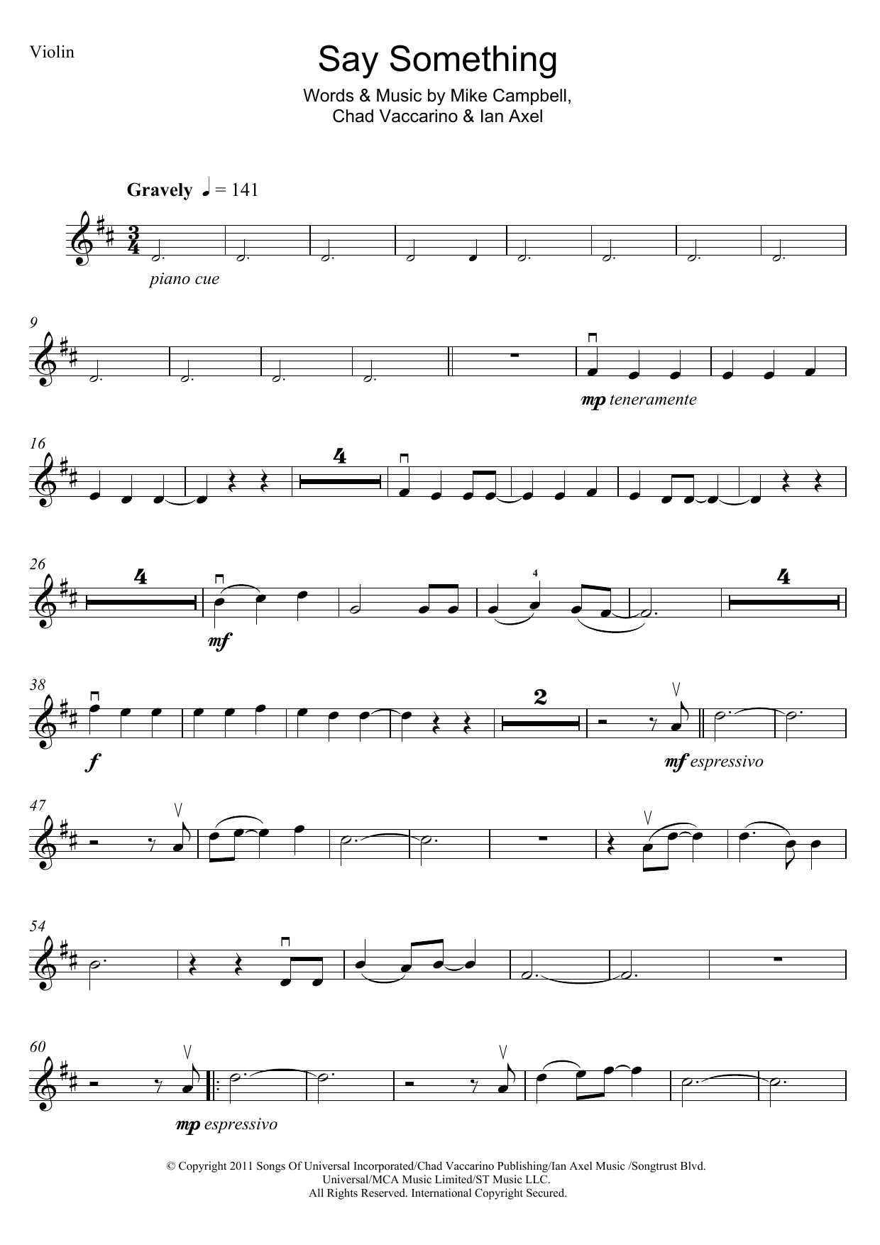 A Great Big World and Christina Aguilera Say Something Sheet Music Notes & Chords for Violin - Download or Print PDF