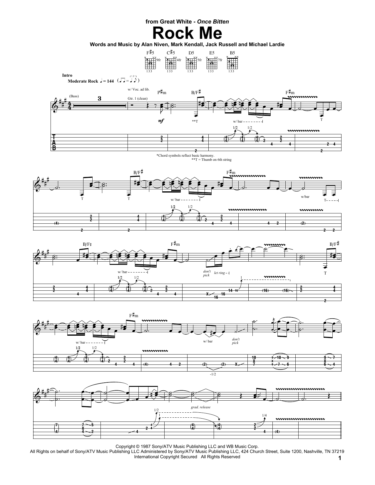 Preview Great White Rock Me Rock sheet music, notes and chords for Guitar Tab, SKU: 21742 Rock Me sheet music