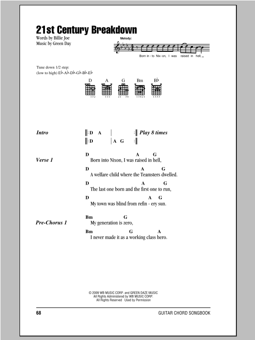 Green Day 21st Century Breakdown Sheet Music Notes & Chords for Lyrics & Chords - Download or Print PDF
