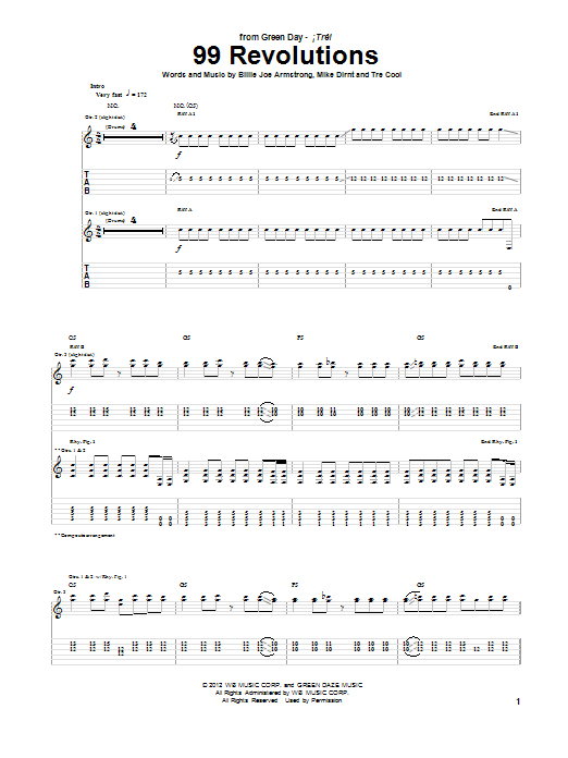 Green Day 99 Revolutions Sheet Music Notes & Chords for Guitar Tab - Download or Print PDF