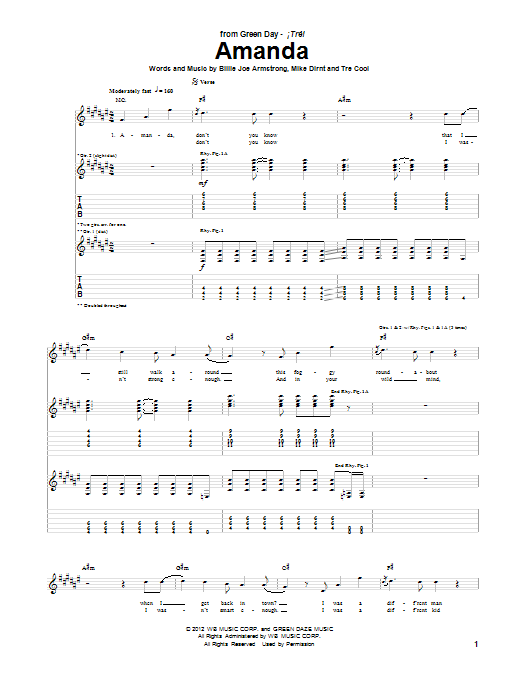 Green Day Amanda Sheet Music Notes & Chords for Guitar Tab - Download or Print PDF