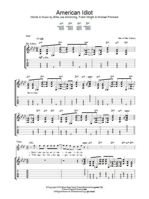 Green Day American Idiot Sheet Music Notes & Chords for Guitar Tab Play-Along - Download or Print PDF