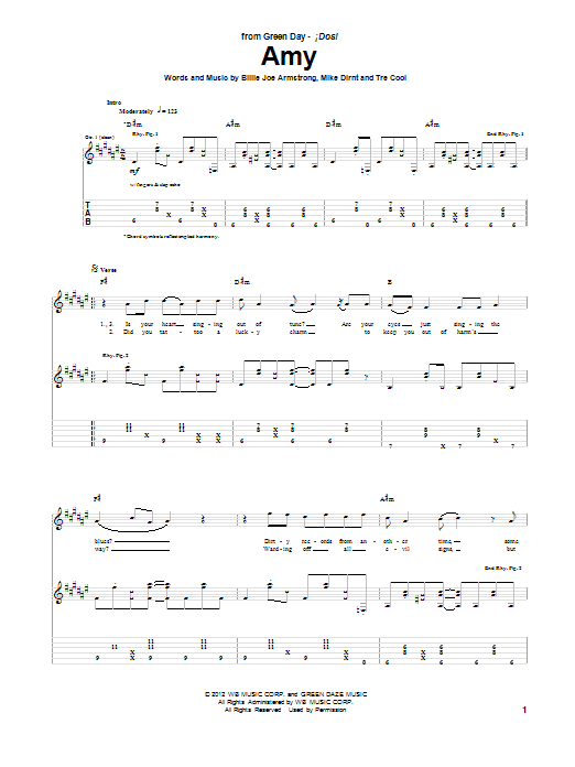 Green Day Amy Sheet Music Notes & Chords for Guitar Tab - Download or Print PDF