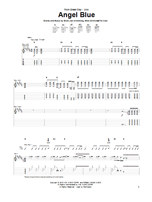 Green Day Angel Blue Sheet Music Notes & Chords for Guitar Tab - Download or Print PDF