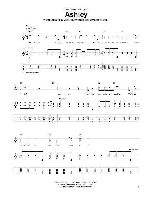 Green Day Ashley Sheet Music Notes & Chords for Guitar Tab - Download or Print PDF