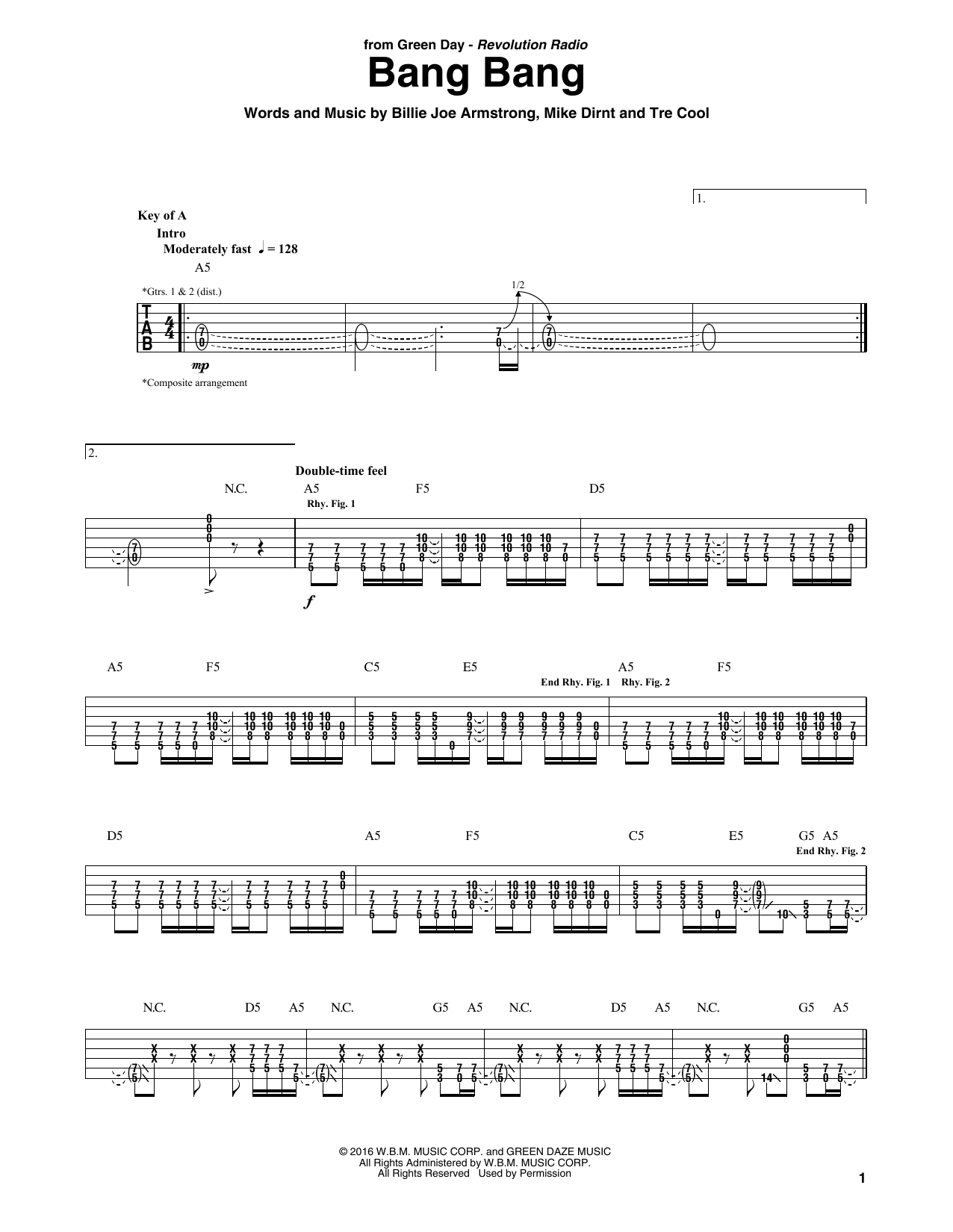 Green Day Bang Bang Sheet Music Notes & Chords for Guitar Tab - Download or Print PDF
