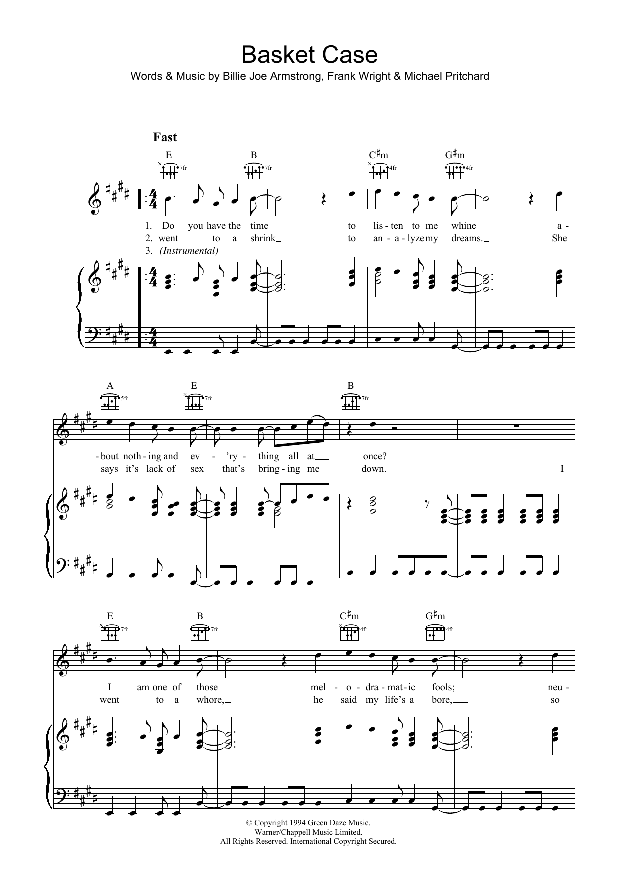 Green Day Basket Case Sheet Music Notes & Chords for Guitar Tab Play-Along - Download or Print PDF