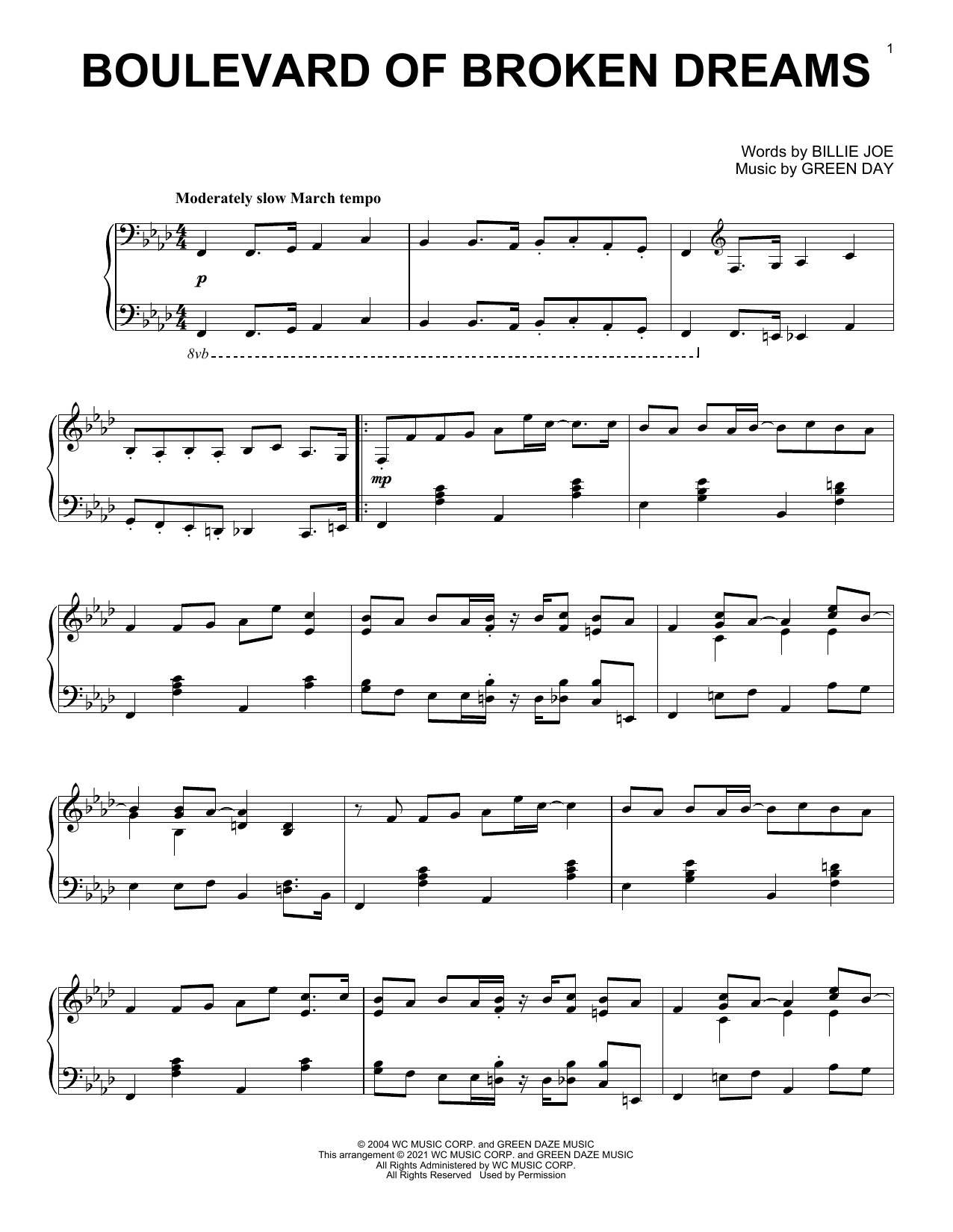 Green Day Boulevard Of Broken Dreams [Classical version] Sheet Music Notes & Chords for Piano Solo - Download or Print PDF