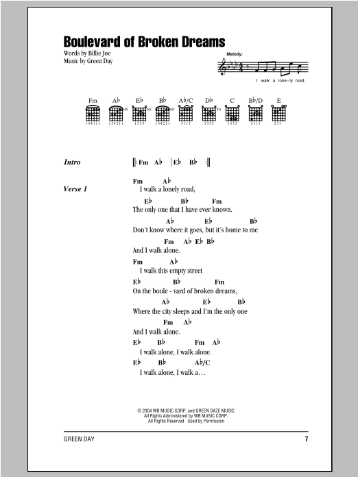 Green Day Boulevard Of Broken Dreams Sheet Music Notes & Chords for Lyrics & Chords - Download or Print PDF