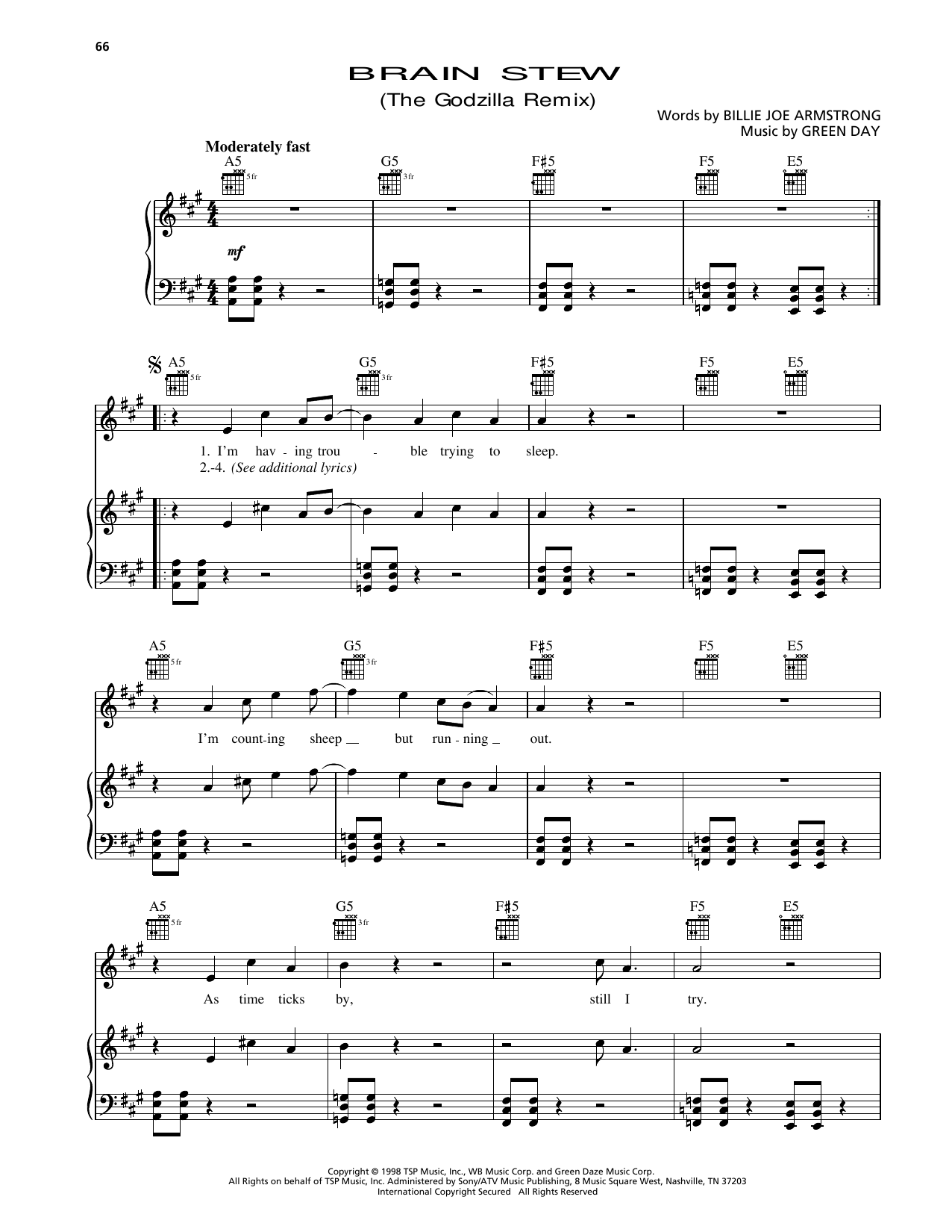 Green Day Brain Stew (The Godzilla Remix) (from Godzilla) Sheet Music Notes & Chords for Piano, Vocal & Guitar Chords (Right-Hand Melody) - Download or Print PDF