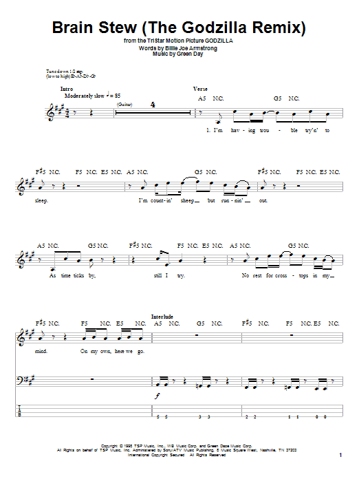 Green Day Brain Stew (The Godzilla Remix) Sheet Music Notes & Chords for Melody Line, Lyrics & Chords - Download or Print PDF