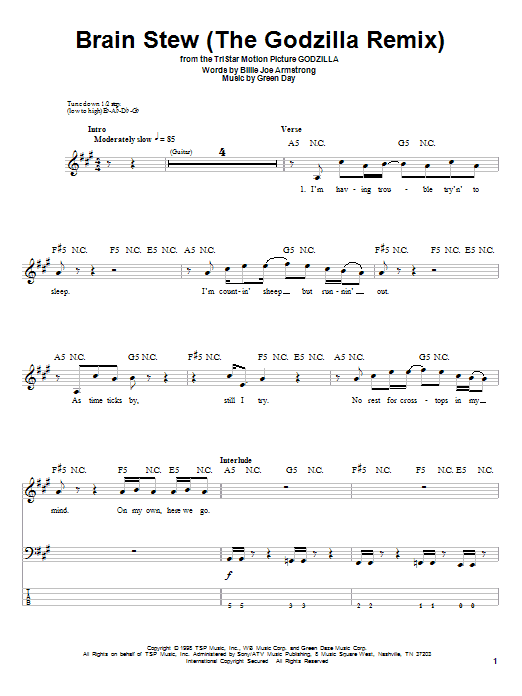 Green Day Brain Stew (The Godzilla Remix) Sheet Music Notes & Chords for Lyrics & Chords - Download or Print PDF