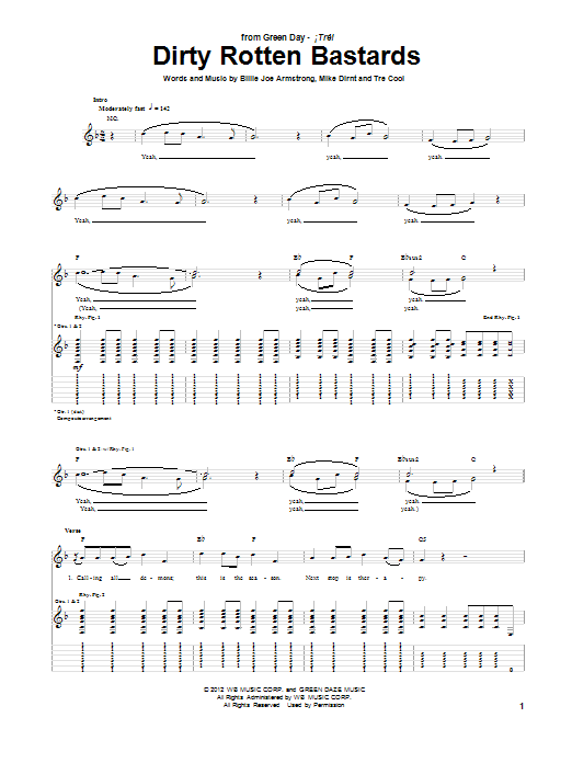 Green Day Dirty Rotten Bastards Sheet Music Notes & Chords for Guitar Tab - Download or Print PDF