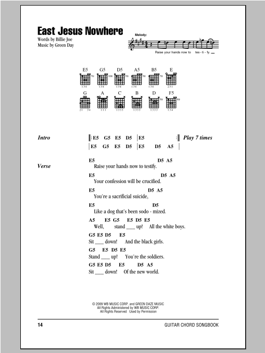Green Day East Jesus Nowhere Sheet Music Notes & Chords for Lyrics & Chords - Download or Print PDF
